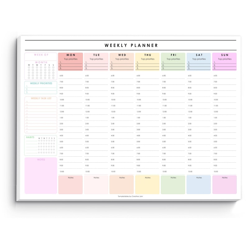 May include: A white weekly planner with a colourful layout. The planner includes sections for each day of the week, with space for top priorities, time slots, and notes. The design incorporates pastel colours for each day.
