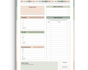 May include: A white daily planner with the title "Daily Planner" at the top. The planner includes sections for "Today's focus," "Priorities," "Do later," "Everything else," and "Brain Dump." It also has a section for "Habits & Self Care" and a "Daily Schedule."
