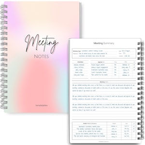 May include: A spiral-bound notebook with a pastel gradient cover, displaying "Meeting NOTES" in script. The notebook is open, showing detailed meeting summary pages with agenda and action points.