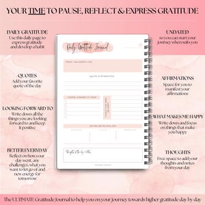 May include: A spiral-bound gratitude journal with a pink and white design. The journal includes prompts for daily reflection, affirmations, and quotes. Text on the cover reads "Daily Gratitude Journal". The journal is undated, allowing users to start at any time.