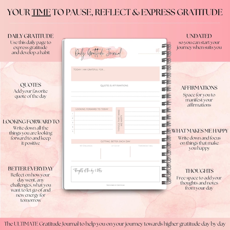 May include: A spiral-bound gratitude journal with a pink and white design. The journal includes prompts for daily reflection, affirmations, and quotes. Text on the cover reads "Daily Gratitude Journal". The journal is undated, allowing users to start at any time.