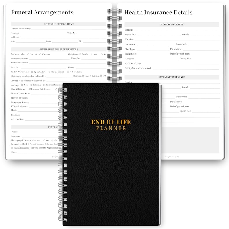 Op de afbeelding: Een zwarte End of Life Planner met gouden letters, open om details van begrafenisregelingen en ziektekostenverzekeringen weer te geven. De planner is spiraalgebonden en heeft gelinieerde pagina's.
