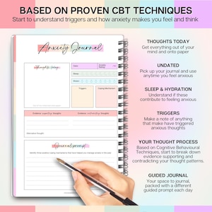 May include: Anxiety Journal with a spiral binding, featuring prompts and sections for tracking thoughts, triggers, and coping mechanisms. The journal includes sections for daily entries and guided prompts. A hand is holding a pen over the journal.