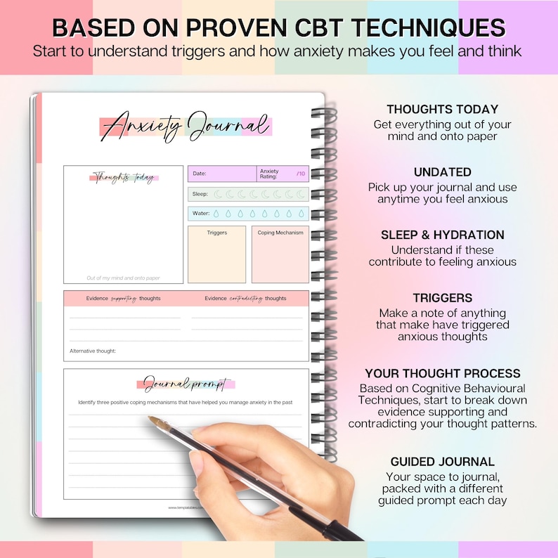 May include: Anxiety Journal with a spiral binding, featuring prompts and sections for tracking thoughts, triggers, and coping mechanisms. The journal includes sections for daily entries and guided prompts. A hand is holding a pen over the journal.