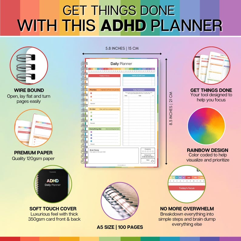 K&ouml;nnte beinhalten: Ein A5-Tagesplaner f&uuml;r ADHS mit 100 Seiten. Der Planer hat eine Drahtbindung, hochwertiges 120 g/m&sup2; Papier und einen Soft-Touch-Umschlag. Der Planer ist 15 cm breit und 21 cm hoch, mit einem Regenbogen-Design zur Visualisierung und Priorisierung von Aufgaben.