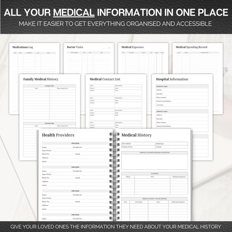 Op de afbeelding: Een spiraalgebonden medische informatie-organizer met verschillende secties voor het vastleggen van gezondheidsdetails. Bevat pagina's voor medicijnen, dokter bezoeken, medische geschiedenis en contactgegevens. Tekst: "ALL YOUR MEDICAL INFORMATION IN ONE PLACE."