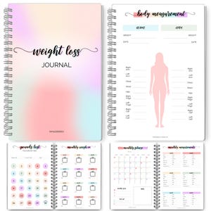 May include: A spiral-bound weight loss journal with a pastel cover. The cover reads "weight loss JOURNAL" in script. Inside, pages include sections for body measurements, weight tracking, and monthly fitness planning. The journal is designed for tracking progress and is in cm.