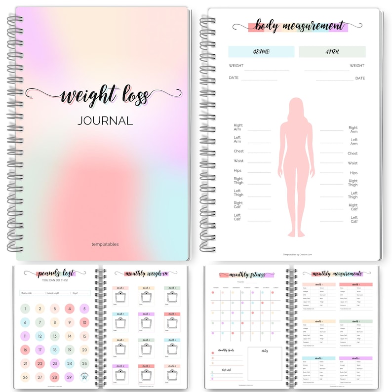 May include: A spiral-bound weight loss journal with a soft, pastel-colored cover. The cover reads "weight loss JOURNAL" in elegant script. Inside, pages include sections for body measurements, weight tracking, and monthly fitness planning. The journal is designed for tracking progress.