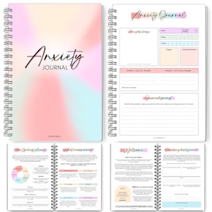 May include: A spiral-bound "Anxiety Journal" with a soft, pastel-colored cover. The journal's cover features the title in elegant script. Inside, pages offer prompts for tracking thoughts, feelings, and coping mechanisms. The journal includes sections on the cycle of anxiety and how to use the journal.