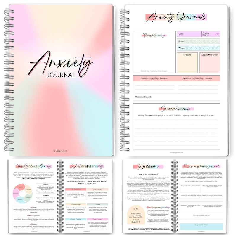 May include: A spiral-bound "Anxiety Journal" with a soft, pastel-colored cover. The journal's cover features the title in elegant script. Inside, pages offer prompts for tracking thoughts, feelings, and coping mechanisms. The journal includes sections on the cycle of anxiety and how to use the journal.