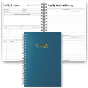May include: A blue spiral-bound medical planner with gold lettering that reads "MEDICAL PLANNER." The planner is open, revealing pages for recording medical history, including allergies, chronic illnesses, and family medical history.