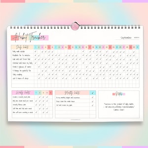 May include: A habit tracker calendar with a spiral binding and a pastel colour scheme. It features sections for daily, weekly, and monthly habits, with checkboxes for tracking progress. The text "Habit Tracker" is at the top of the calendar.