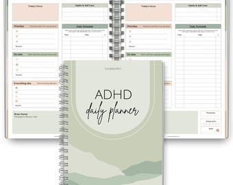 May include: A spiral-bound ADHD daily planner with a soft green cover featuring a minimalist landscape design. The planner is open, revealing daily and weekly planning pages with sections for priorities, schedules, and self-care.