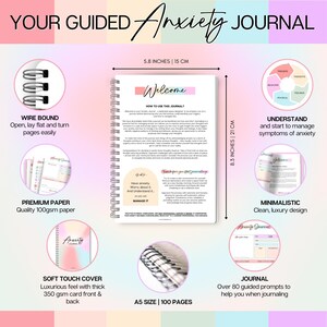 May include: A wire-bound anxiety journal with a soft-touch cover. The journal is A5 size, 8.3 inches (21 cm) tall, and contains 100 pages of premium 100gsm paper. The journal includes over 80 guided prompts to help manage anxiety.