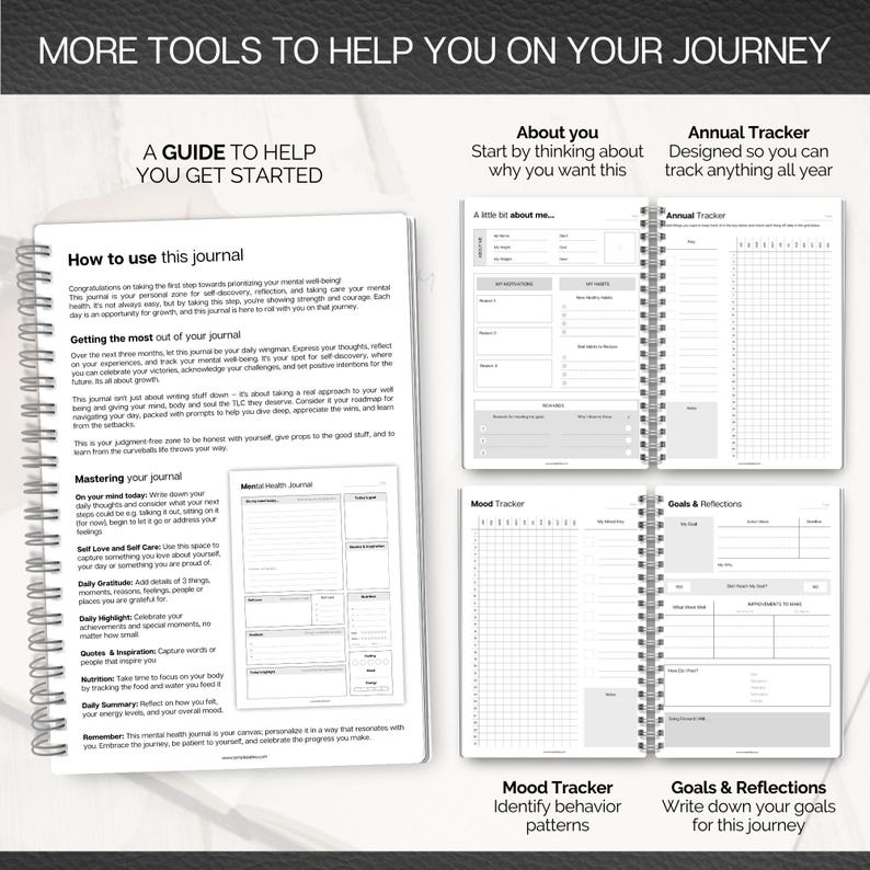 May include: A journal with a spiral binding, featuring white pages and a cover. It includes sections for self-reflection, goal setting, and mood tracking. The cover text reads "MORE TOOLS TO HELP YOU ON YOUR JOURNEY."