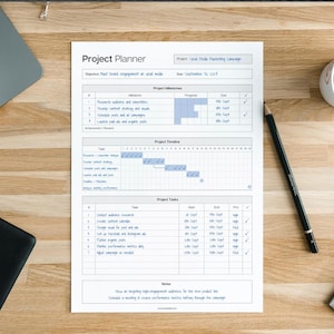 May include: A white Project Planner sheet with blue and gray text and graphics, including a timeline and task list. A pencil and a coffee cup are on the wooden surface.