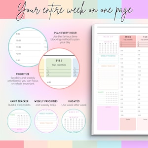 May include: A pastel-coloured planner page with the text "Your entire week on one page". It includes sections for daily priorities, a habit tracker, and weekly tasks. The planner uses the time blocking method to plan the week.