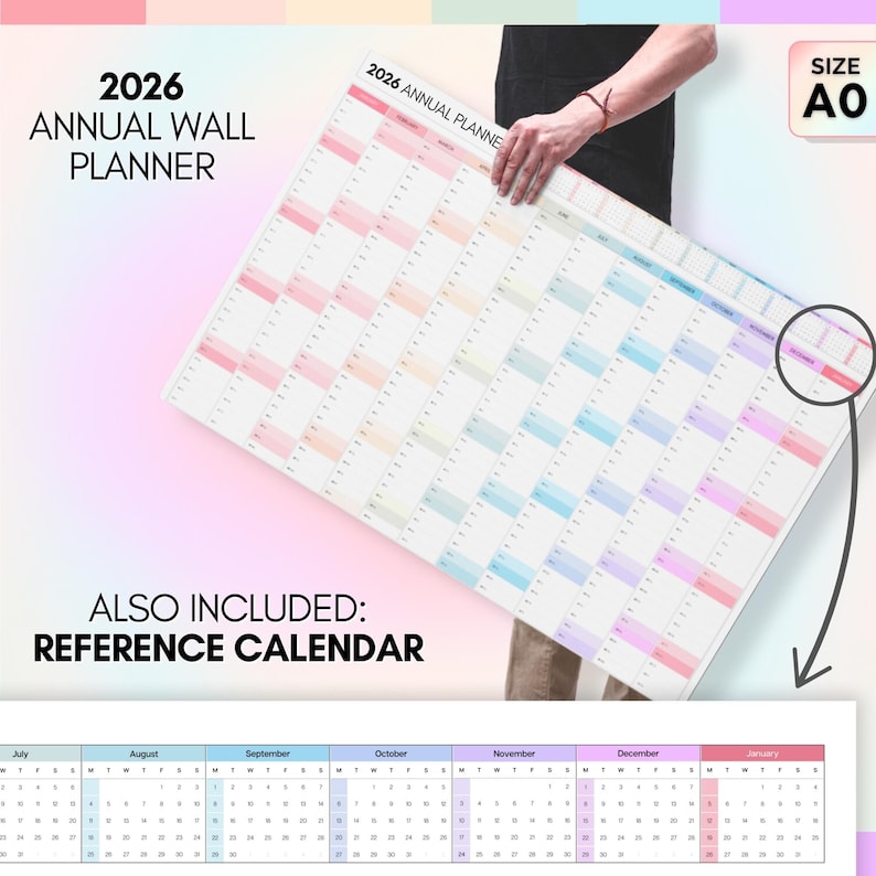 May include: A large, colorful 2026 annual wall planner with a reference calendar. The planner is in the A0 size. The main planner features a grid layout with pastel color-coded months. The text "2026 ANNUAL WALL PLANNER" is displayed at the top.