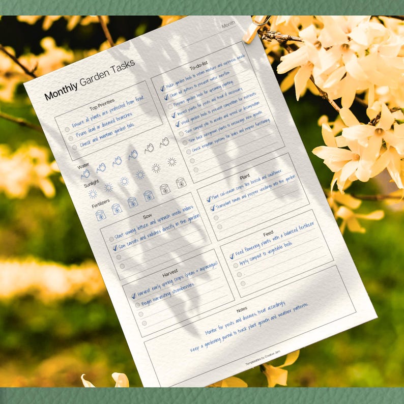 May include: A white printed Monthly Garden Tasks planner with sections for top priorities, to-do list, sunlight, fertilizers, sowing, harvest, plant, feed, and notes. The planner is clipped to a wooden surface with a gold clip, with a blurred floral background.