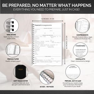 Op de afbeelding: Een A5-planner met wire-o binding en soft-touch cover voor uitvaartregelingen. De planner, 15 cm x 21 cm groot, bevat 100 pagina's premium papier (120 g/m&sup2;). Het bevat secties voor uitvaartvoorbereidingen en levenseinde-richtlijnen.