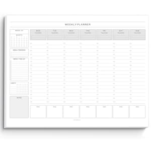 May include: A white weekly planner with a minimalist design. The planner includes sections for each day of the week, weekly priorities, a task list, and habit tracking. The top of the planner reads "WEEKLY PLANNER".