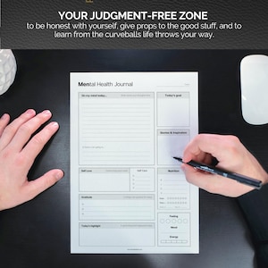 May include: A mental health journal with prompts for daily reflection. The journal includes sections for goals, quotes, self-love, self-care, gratitude, and nutrition. The text "YOUR JUDGMENT-FREE ZONE" is at the top.