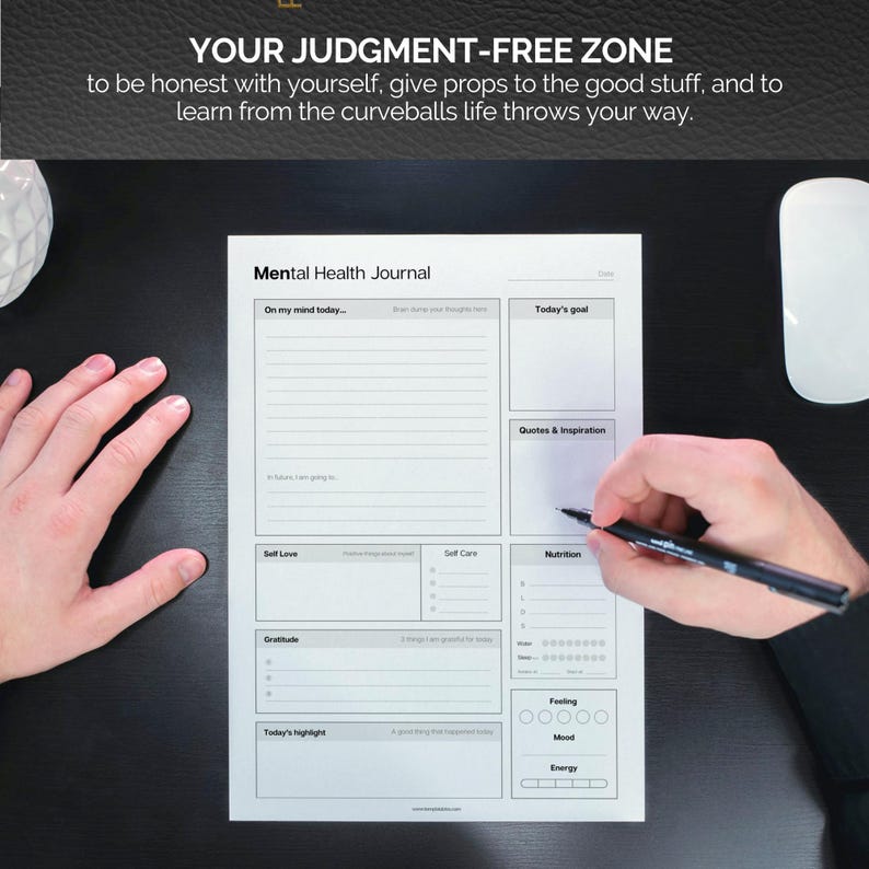 May include: A mental health journal with prompts for daily reflection. The journal includes sections for goals, quotes, self-love, self-care, gratitude, and nutrition. The text "YOUR JUDGMENT-FREE ZONE" is at the top.