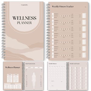 May include: A spiral-bound wellness planner with a beige cover and the text "WELLNESS PLANNER." The planner includes sections for weekly fitness tracking, body measurements, and monthly planning. The pages have a beige background with black text.