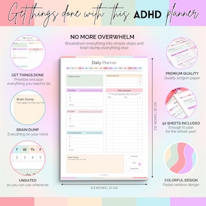 Puede incluir: Planificador TDAH con un dise&ntilde;o de arco&iacute;ris pastel. El planificador sin fecha incluye secciones para prioridades, horarios diarios y descargas cerebrales. Mide 21 cm por 30 cm y contiene 50 hojas de papel de 120 g/m&sup2;.