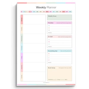 May include: A weekly planner sheet with a pastel color scheme. The layout includes a vertical column for each day of the week, a weekly focus box, and sections for priorities, tasks to do later, everything else, and a brain dump area with trackers.