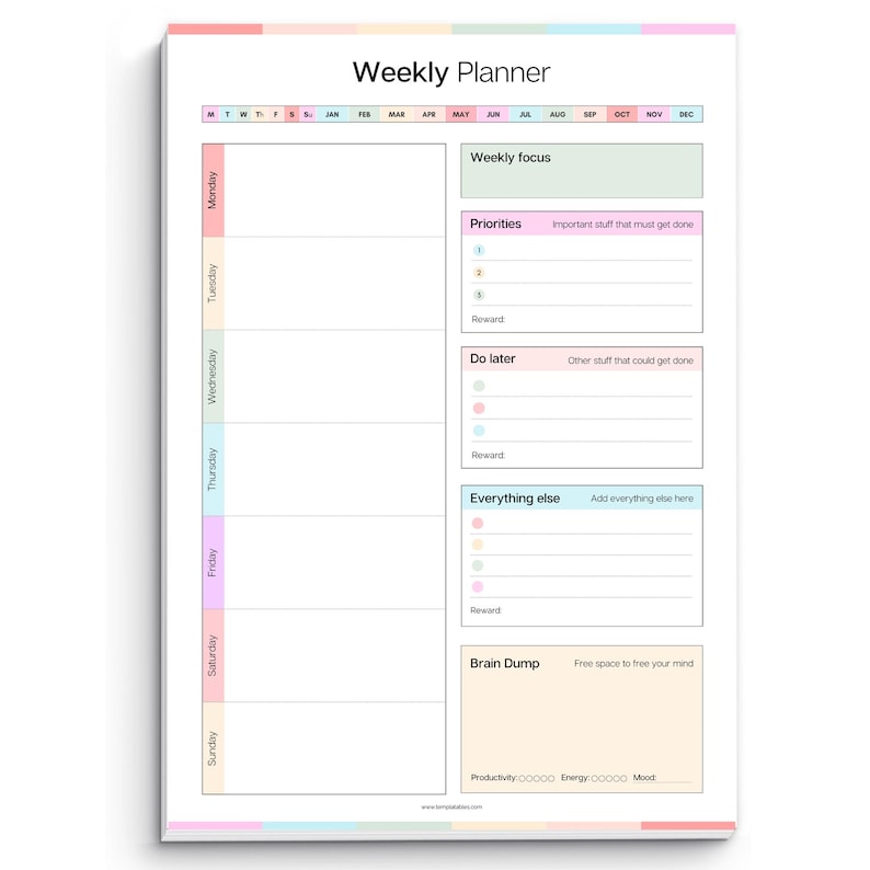 May include: A weekly planner sheet with a pastel color scheme. The layout includes a vertical column for each day of the week, a weekly focus box, and sections for priorities, tasks to do later, everything else, and a brain dump area with trackers.