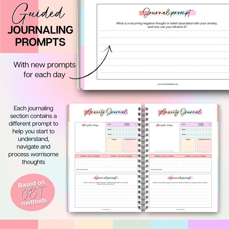 May include: A spiral-bound journal with the words "Guided Journaling Prompts" in a script font. The journal pages include prompts for managing anxiety, with sections for thoughts, triggers, and coping mechanisms. The journal is based on CBT methods.