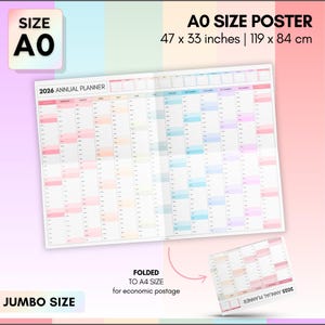May include: An A0 size 2026 annual planner poster, measuring 47 x 33 inches. The calendar is folded to A4 size for economic postage. The poster has a colorful design with a jumbo size.