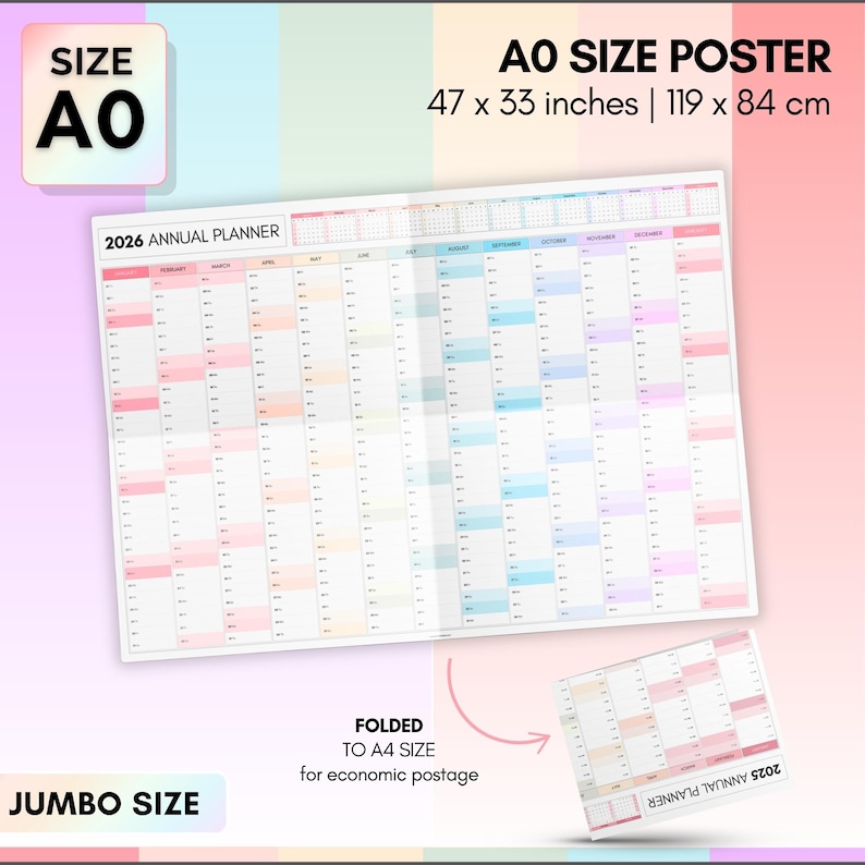 May include: An A0 size 2026 annual planner poster, measuring 47 x 33 inches. The calendar is folded to A4 size for economic postage. The poster has a colorful design with a jumbo size.