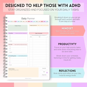 Puede incluir: Un planificador diario con espiral, dise&ntilde;ado para ayudar a personas con TDAH. Incluye secciones para prioridades, horario diario y reflexiones. El texto incluye "Daily Planner", "Priorities" y "Productivity".