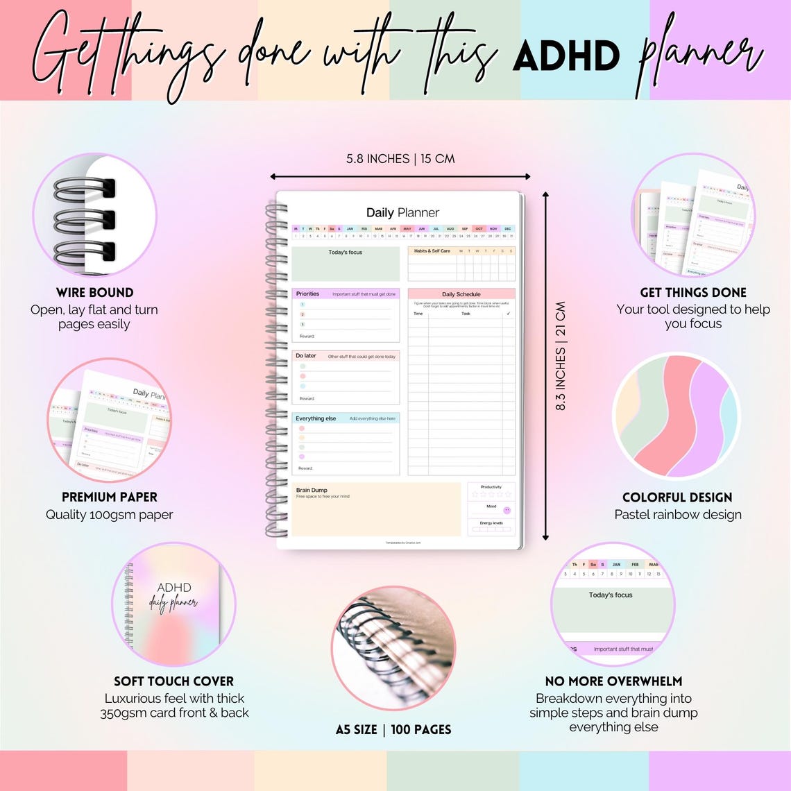 Colorful ADHD Daily Planner for Neurodivergent Adults - Productivity ...