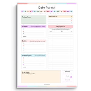 May include: A colorful daily planner with sections for focus, priorities, schedule, and more. The planner includes areas for notes, rewards, and a brain dump section. The design features pastel colors and the text "Daily Planner".