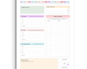 May include: A colorful daily planner with sections for focus, priorities, schedule, and more. The planner includes areas for notes, rewards, and a brain dump section. The design features pastel colors and the text "Daily Planner".