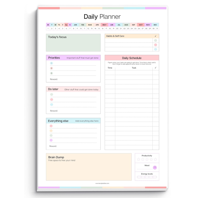 Puede incluir: Un planificador diario colorido con secciones para el enfoque, las prioridades y un horario. El planificador incluye &aacute;reas para notas, recompensas y una secci&oacute;n de lluvia de ideas. El texto "Daily Planner" es visible.