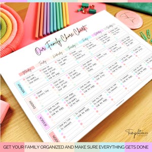 May include: A colorful family chore chart with a weekly layout, featuring columns for each day and rows for family members. The chart includes tasks like school run, laundry, and cleaning, with the text "Our Family Chore Chart."