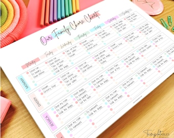 Op de afbeelding: Een kleurrijke gezinskluskaart met een wekelijkse indeling, met kolommen voor elke dag en rijen voor gezinsleden. De kaart bevat taken als school rennen, wassen en schoonmaken, met de tekst "Our Family Chore Chart."