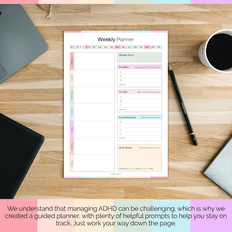 May include: A weekly planner sheet with a white background, featuring a header titled Weekly Planner, a horizontal month tracker, and vertical sections for each day of the week. It includes boxes for weekly focus, priorities, tasks, and a brain dump area.