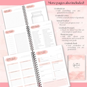 May include: A spiral-bound gratitude journal with several open pages. The pages include prompts for reflection, an annual tracker, and a section to record goals. The cover of the journal is visible, featuring the title "Gratitude Journal."