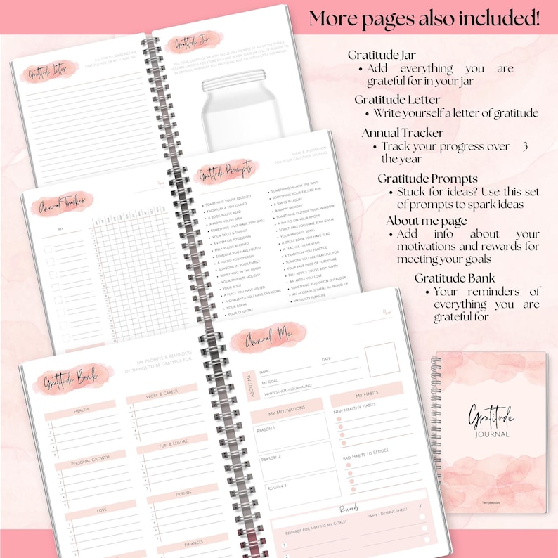 May include: A spiral-bound gratitude journal with several open pages. The pages include prompts for reflection, an annual tracker, and a section to record goals. The cover of the journal is visible, featuring the title "Gratitude Journal."