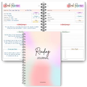 May include: A spiral-bound reading journal with a soft pastel cover featuring the words "Reading JOURNAL" in elegant script. The open pages display book review templates with sections for title, author, and notes. The journal is designed for book lovers.