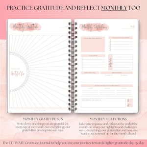 May include: Open gratitude journal with a spiral binding. The left page features a sunburst design for daily gratitude entries, while the right page offers prompts for monthly reflections. Text includes "Monthly Gratitude" and "Monthly Reflections."