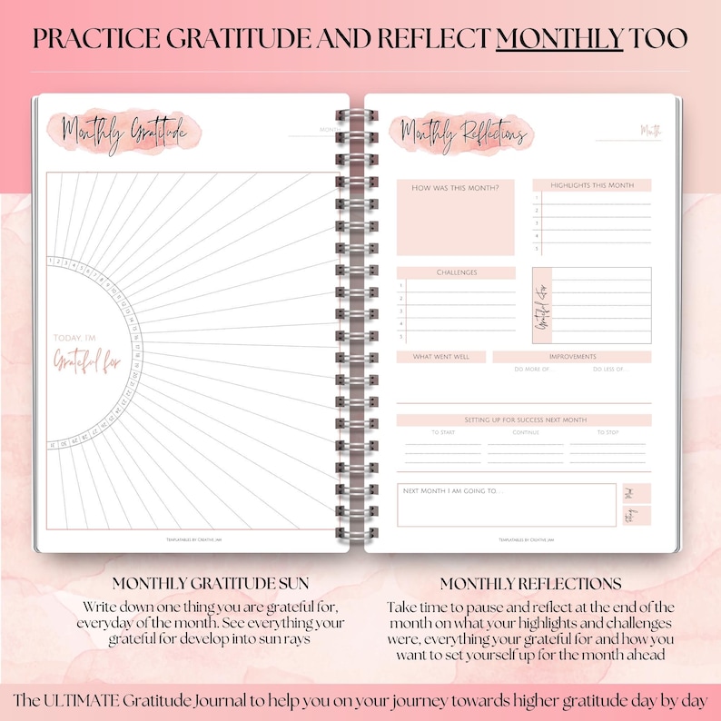 May include: Open gratitude journal with a spiral binding. The left page features a sunburst design for daily gratitude entries, while the right page offers prompts for monthly reflections. Text includes "Monthly Gratitude" and "Monthly Reflections."
