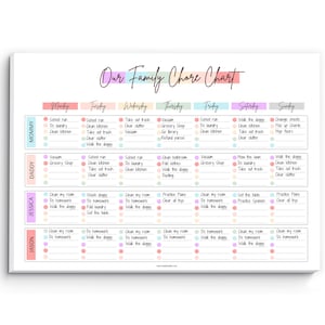 May include: A white family chore chart with pastel-colored columns for each day of the week. The chart lists tasks for each family member, including school runs, cleaning, and chores.