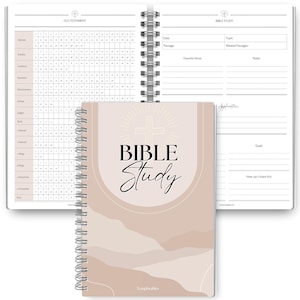 May include: A spiral-bound Bible study journal with a beige cover featuring the words "BIBLE Study" in black script and a cross design. The open pages reveal study charts and note sections for scripture study.
