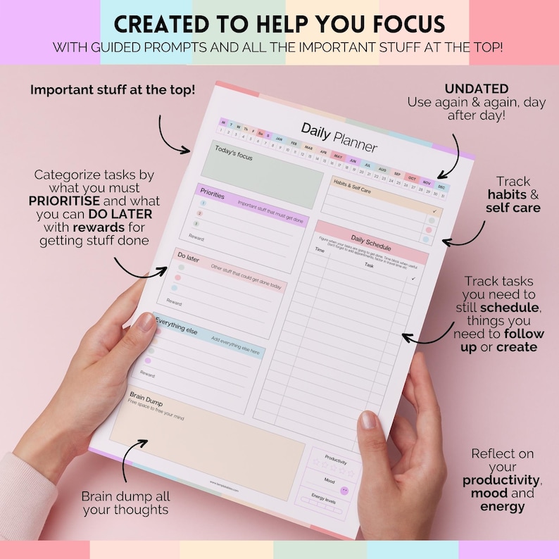 Puede incluir: Un planificador diario con una combinaci&oacute;n de colores pastel, sostenido por manos. El planificador incluye secciones para prioridades, horarios diarios y seguimiento de h&aacute;bitos. El texto en el planificador dice "Created to Help You Focus" y "Undated, Use again & again, day after day!"